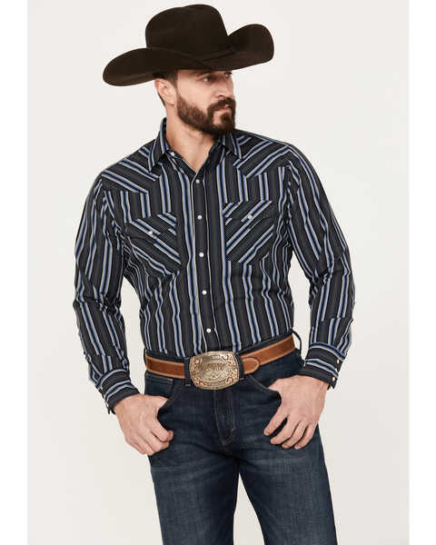 Image #1 - Ely Walker Men's Striped Long Sleeve Pearl Snap Western Shirt, Black, hi-res