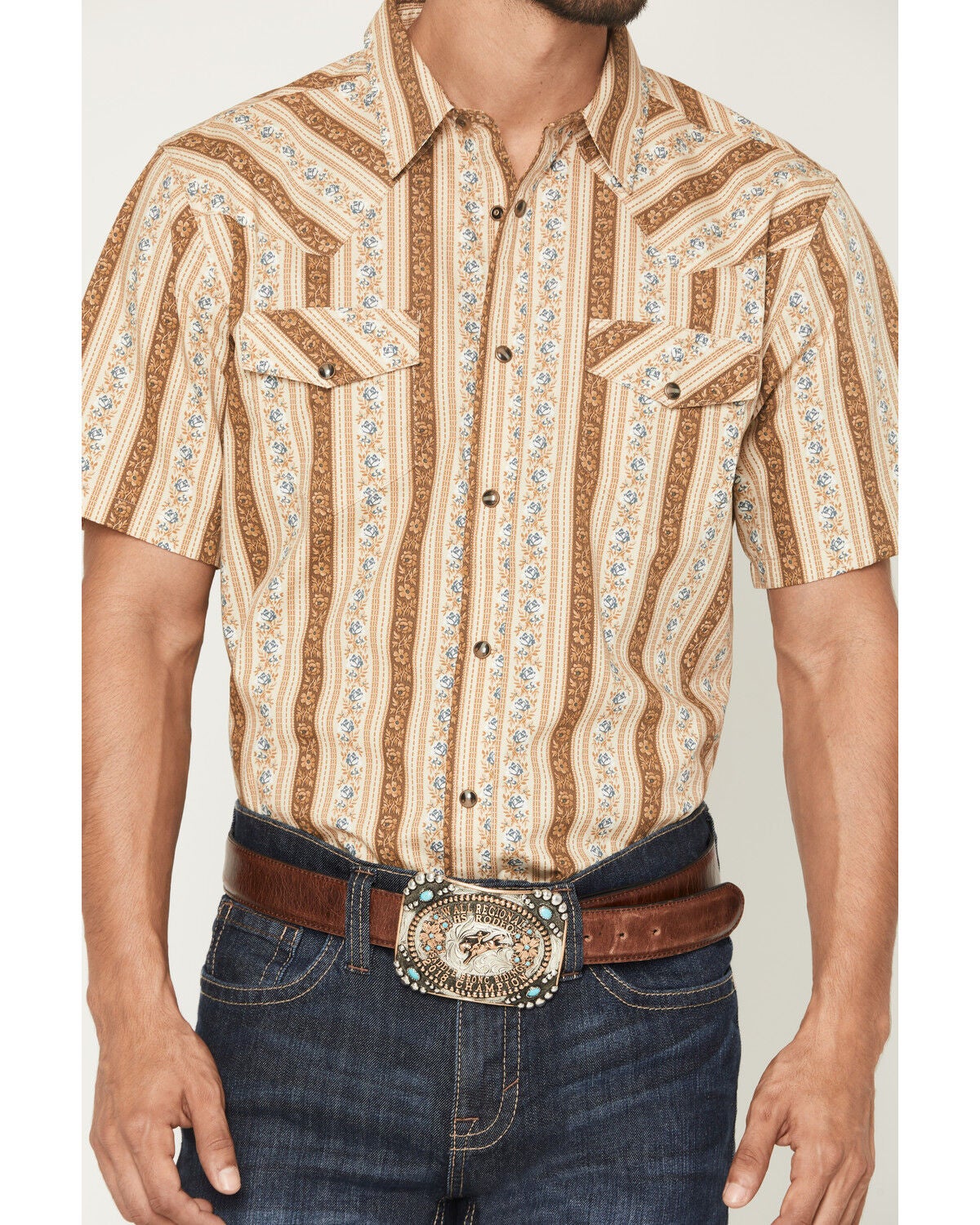 Image #3 - Gibson Trading Co Men's Calico Saloon Floral Striped Short Sleeve Snap Western Shirt, Cream, hi-res