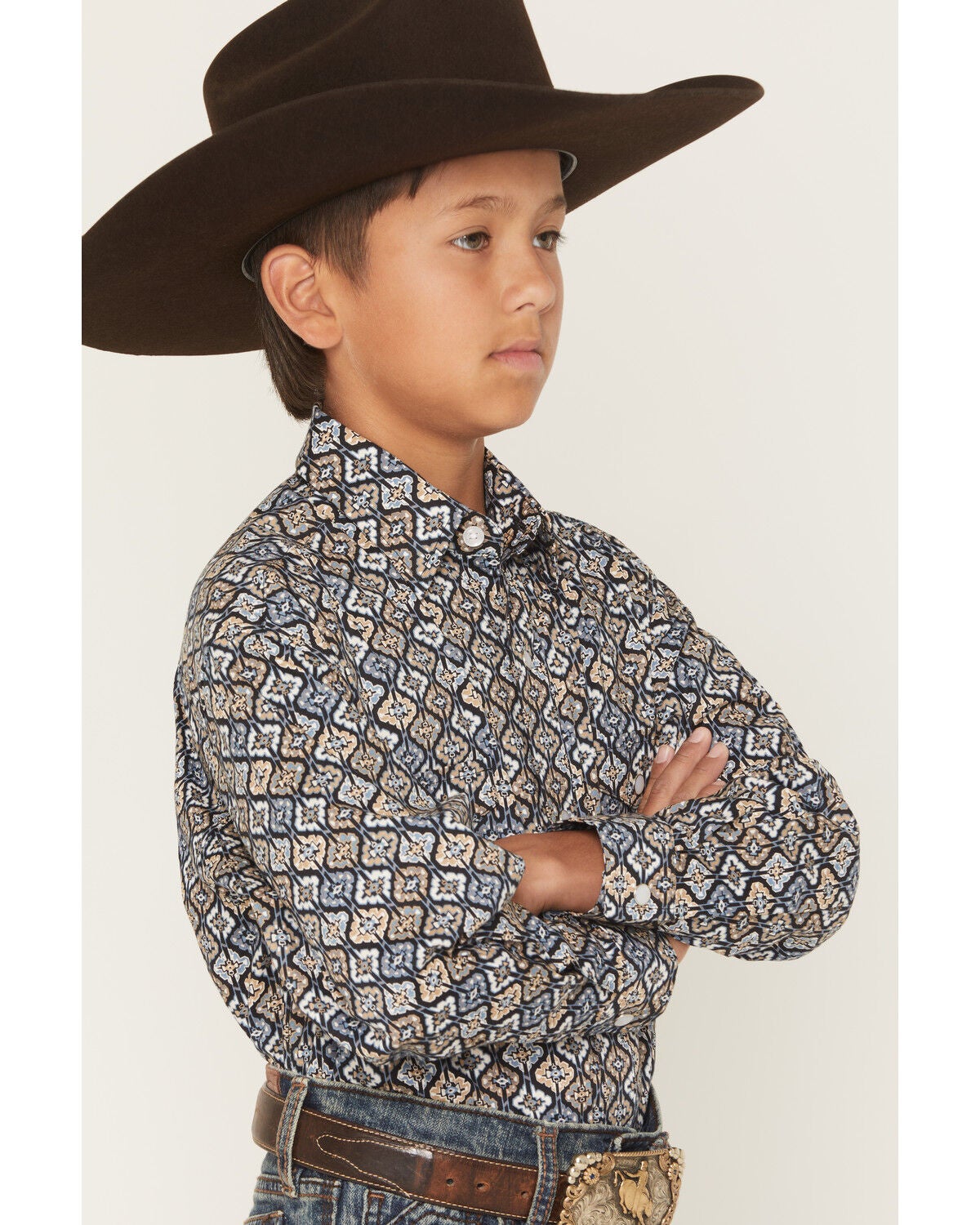 Image #2 - Panhandle Slim Boys' Geo Print Long Sleeve Snap Stretch Western Shirt, Navy, hi-res