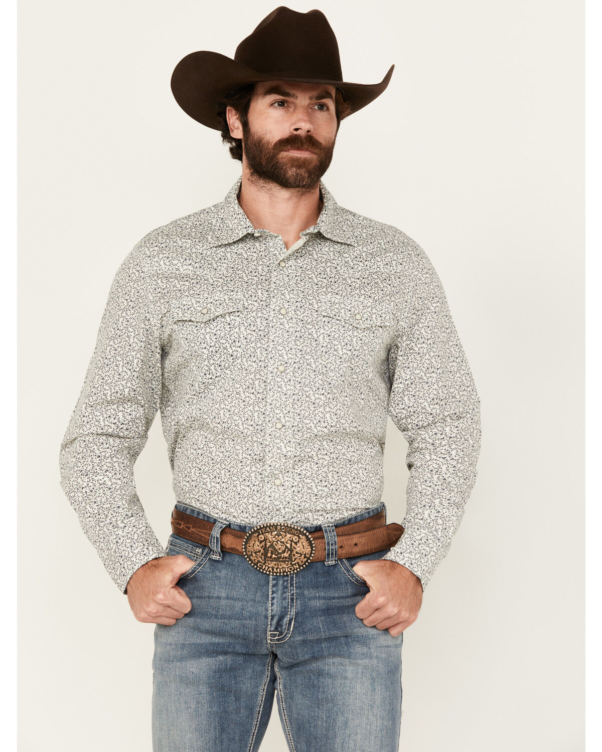 Image #1 - Wrangler Retro Men's Floral Print Long Sleeve Snap Western Shirt - Tall, White, hi-res
