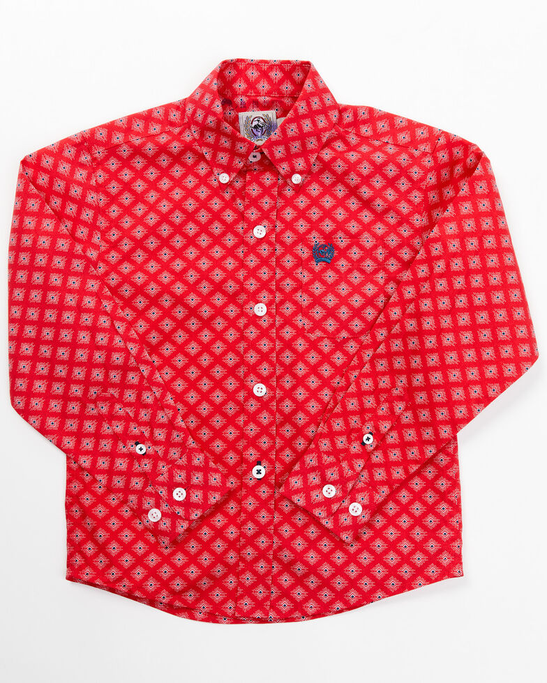 Cinch Toddler-Boys' Geo Print Long Sleeve Button-Down Shirt, Red, hi-res