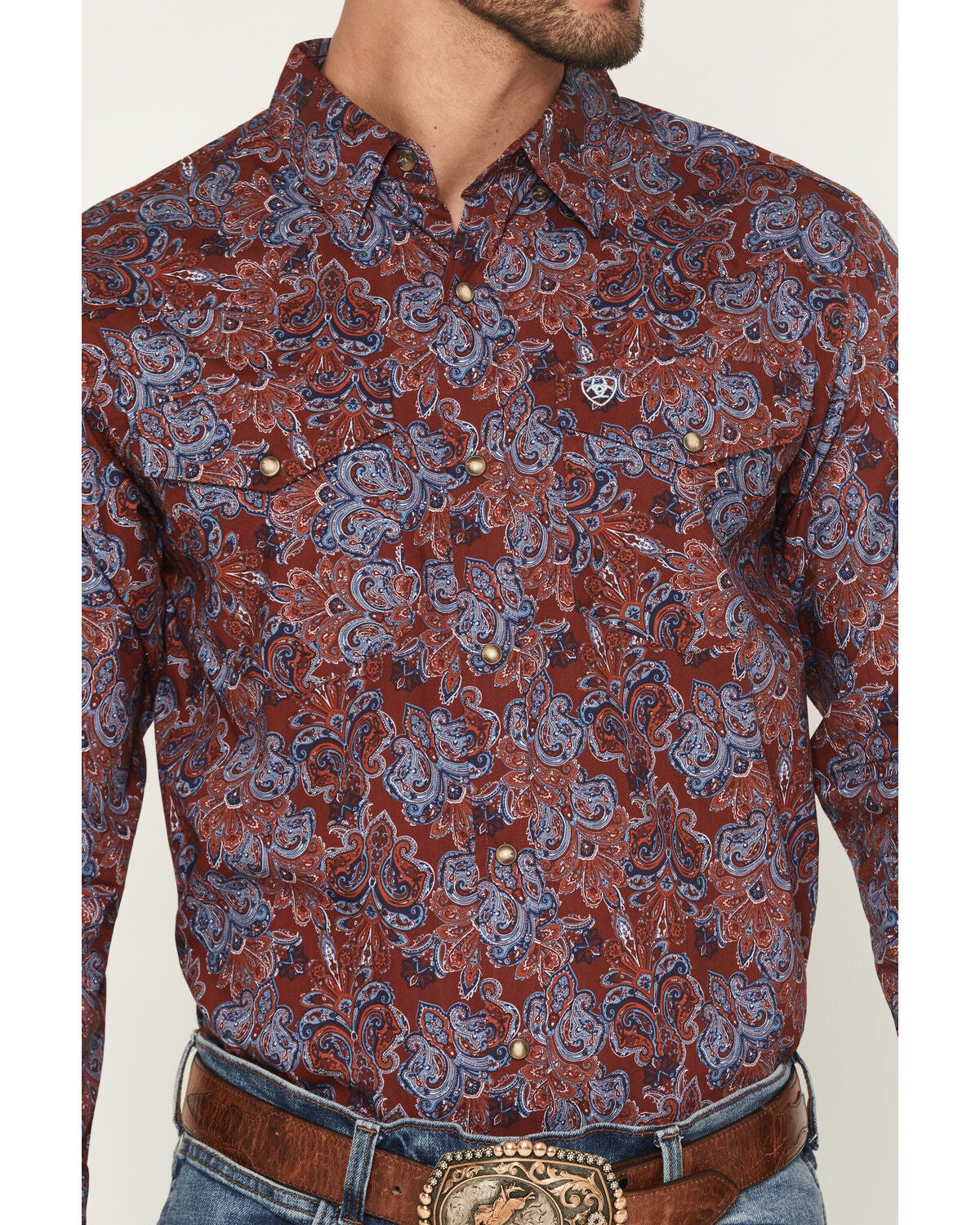 Ariat Men's Tyrone Paisley Print Long Sleeve Snap Western Shirt, Dark Red