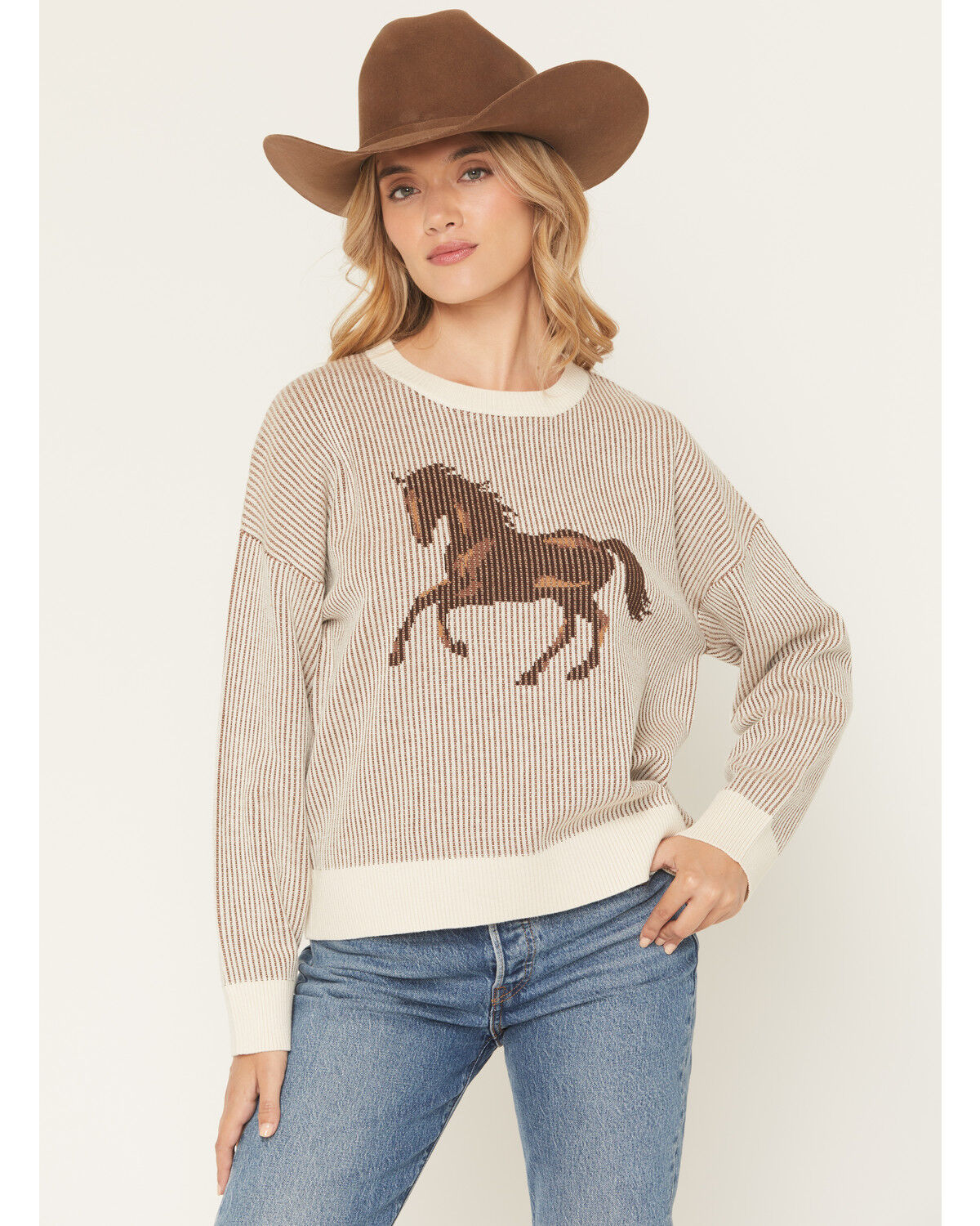 Image #1 - Originality Women's Horse Plated Sweater, Brown, hi-res