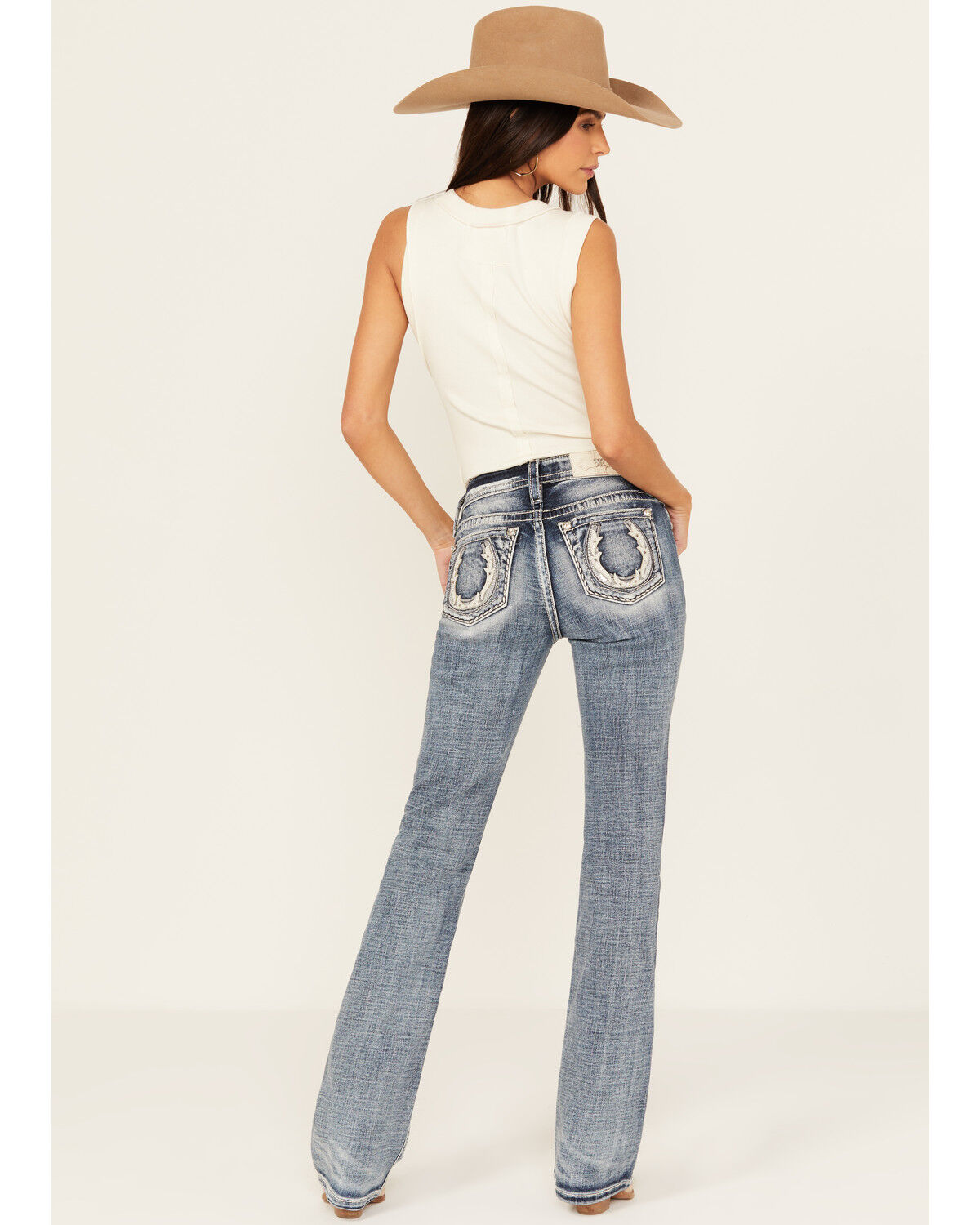 Image #1 - Miss Me Women's Medium Wash Mid Rise Horseshoe Bootcut Stretch Denim Jeans, Medium Wash, hi-res