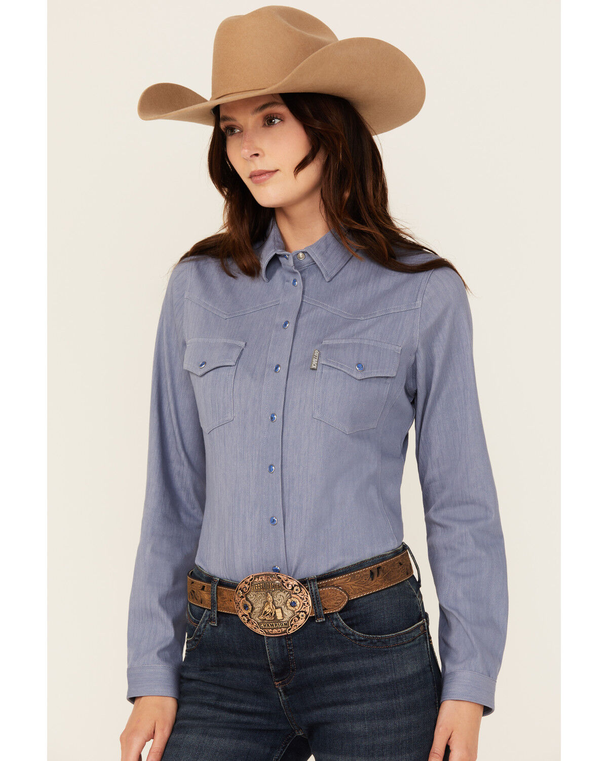 Image #1 - Outback Trading Co Women's Solid Knit Long Sleeve Snap Western Shirt, Blue, hi-res