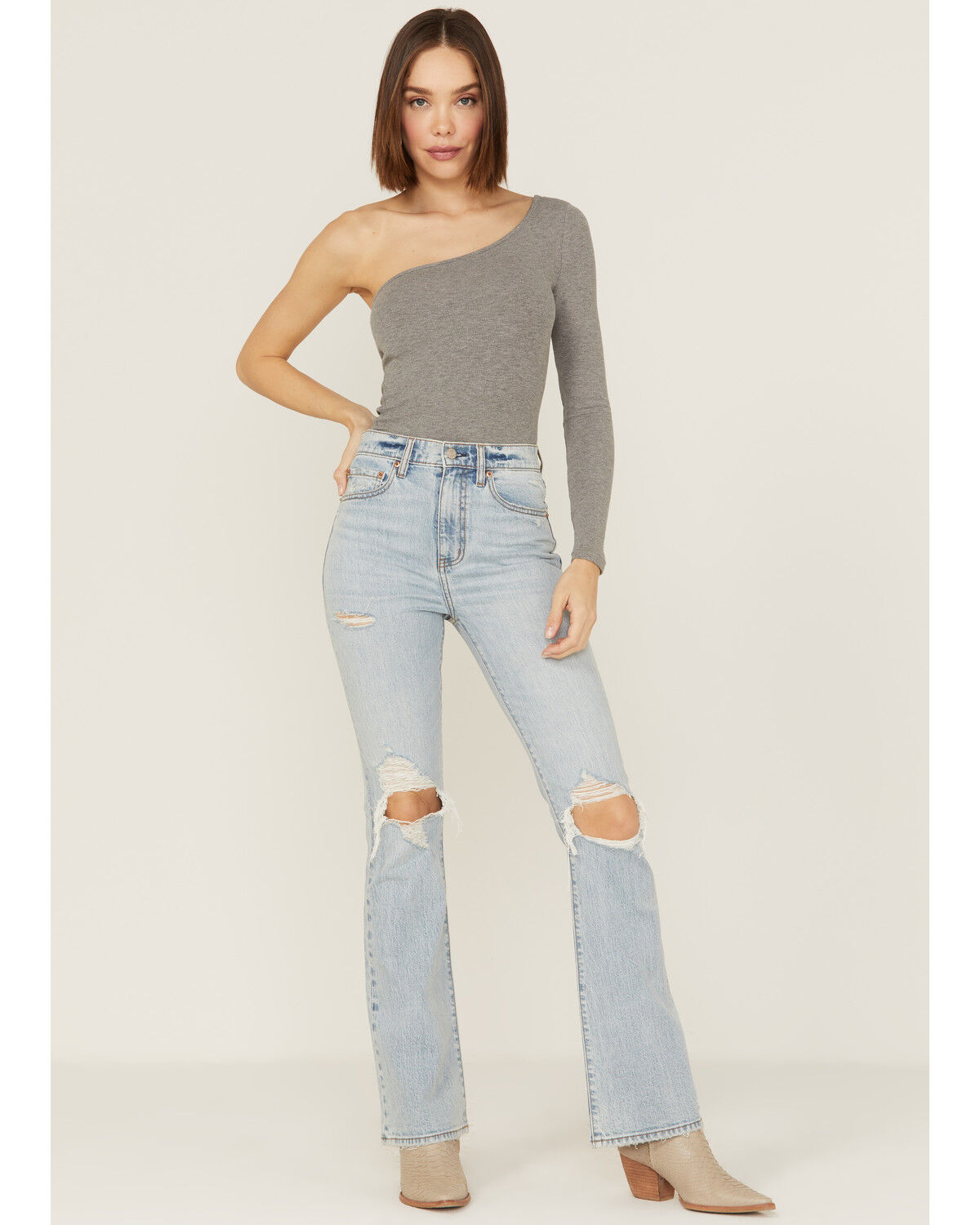 Image #1 - Daze Women's Go Getter Distressed Flare Jeans, Light Blue, hi-res