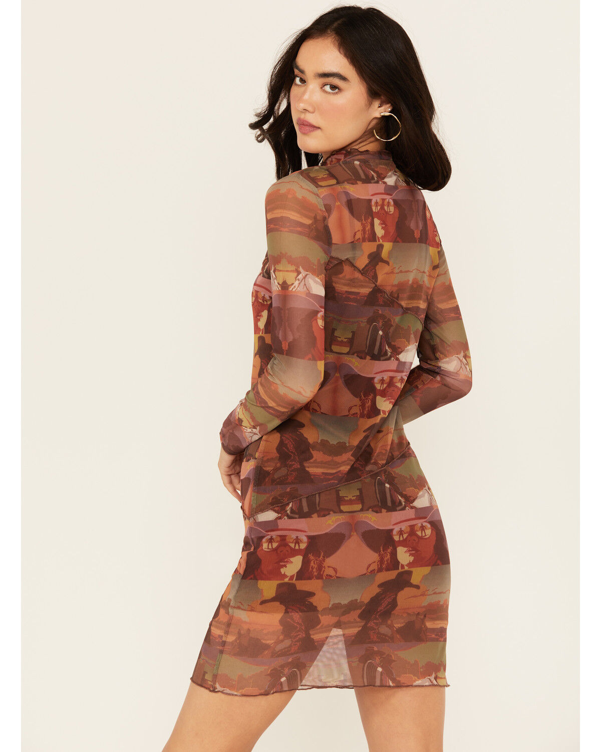 Image #4 - Rock & Roll Denim Women's Boot Barn Exclusive Mesh Desert Print Long Sleeve Mini Dress, Brown, hi-res