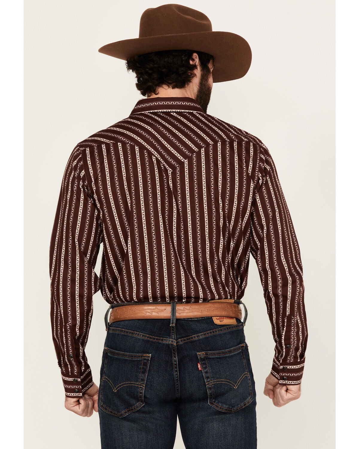 Image #4 - Cody James Men's Hansen Vertical Striped Wallpaper Print Long Sleeve Snap Western Shirt, Burgundy, hi-res