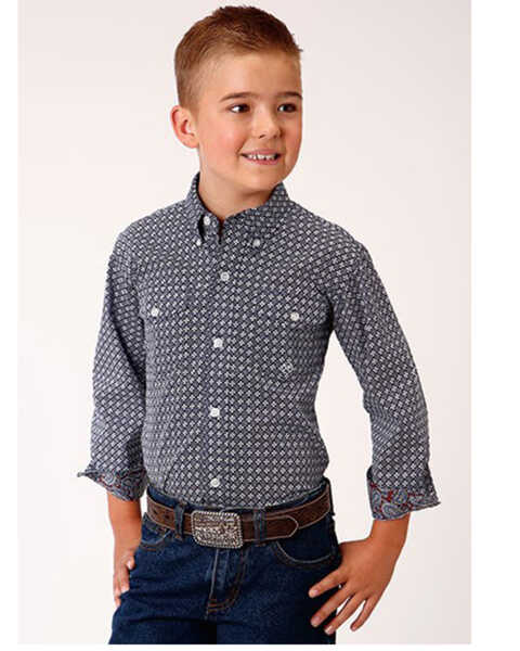 Roper Boys' Amarillo Floral Print Long Sleeve Western Button-Down Shirt, Blue, hi-res
