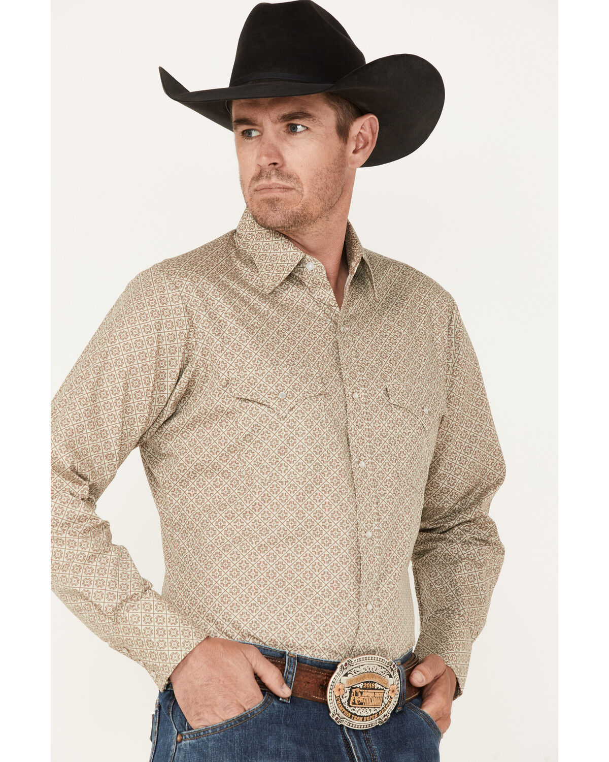 Image #2 - Ely Walker Men's Geo Print Long Sleeve Pearl Snap Western Shirt, Beige/khaki, hi-res