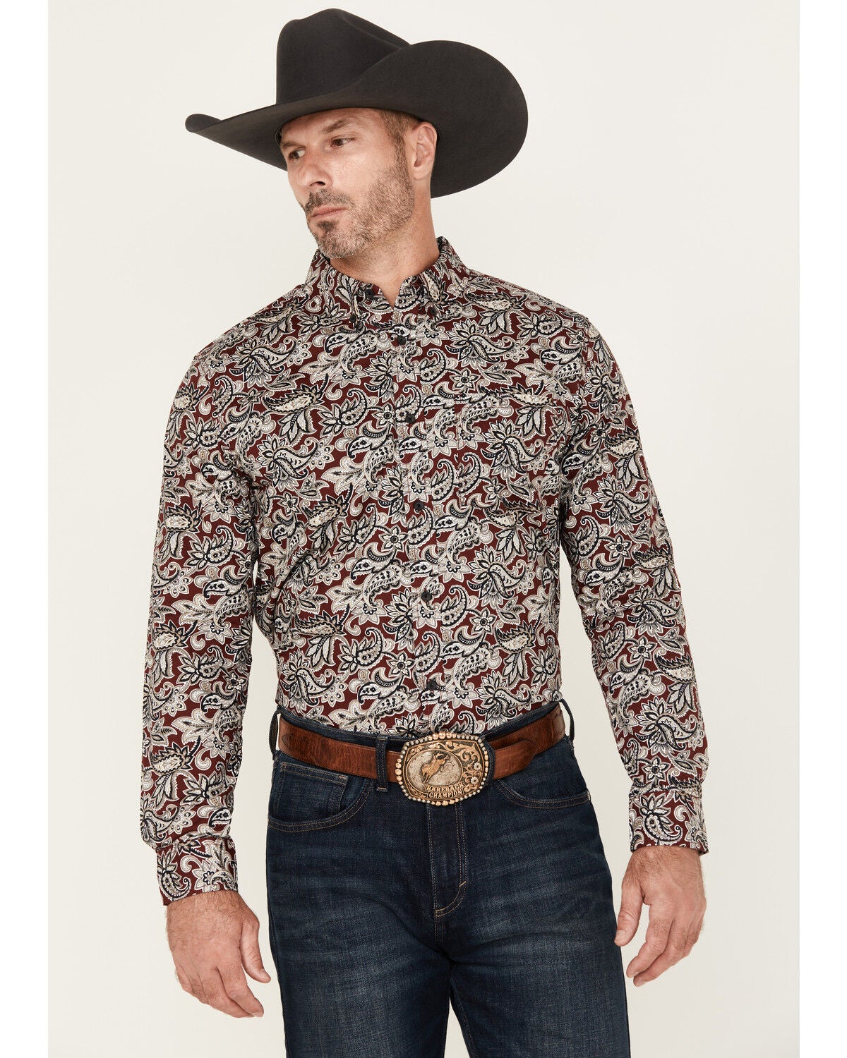 Image #1 - Cody James Men's Max Paisley Print Long Sleeve Button-Down Stretch Western Shirt, Burgundy, hi-res