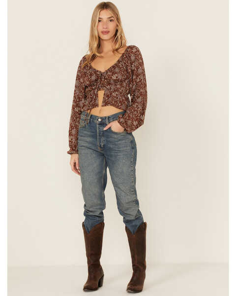 Image #4 - Wild Moss Long Sleeve Tie Front Ranched Floral Top, Tan, hi-res