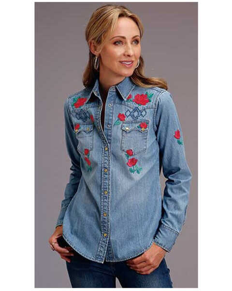 Stetson Women's Dark Denim Embroidered Long Sleeve Snap Western Shirt , Blue, hi-res