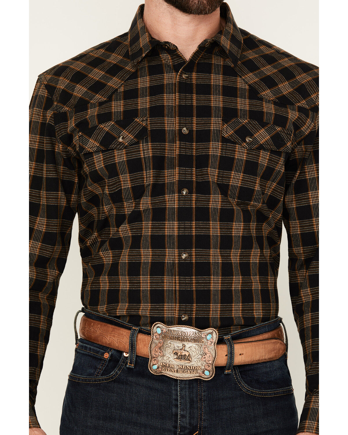 Image #3 - Blue Ranchwear Men's Cedar Plaid Print Long Sleeve Snap Western Shirt, Dark Brown, hi-res