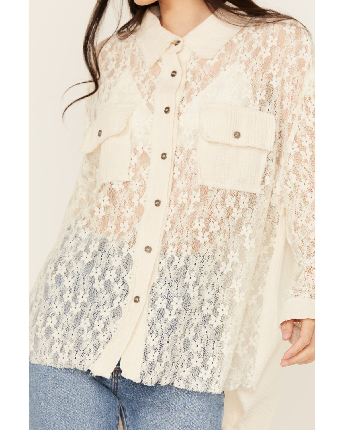 Image #2 - People of Leisure Women's Floral Lace Long Sleeve Button-Down Shirt, White, hi-res