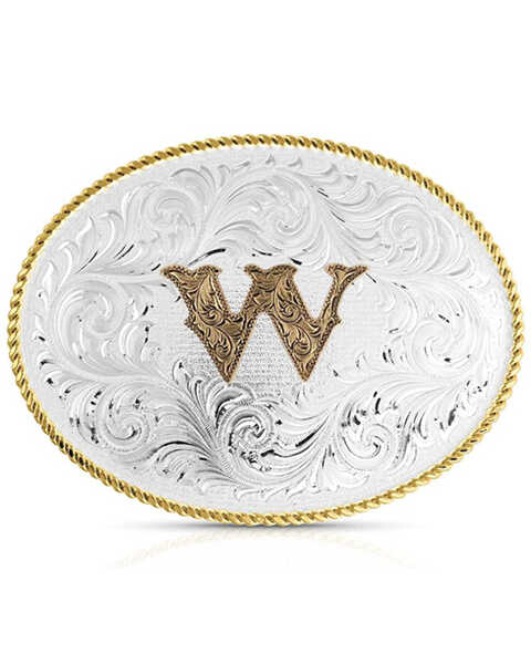 Montana Silversmiths Classic Western Oval Two-Tone Initial Belt Buckle - W, Silver, hi-res