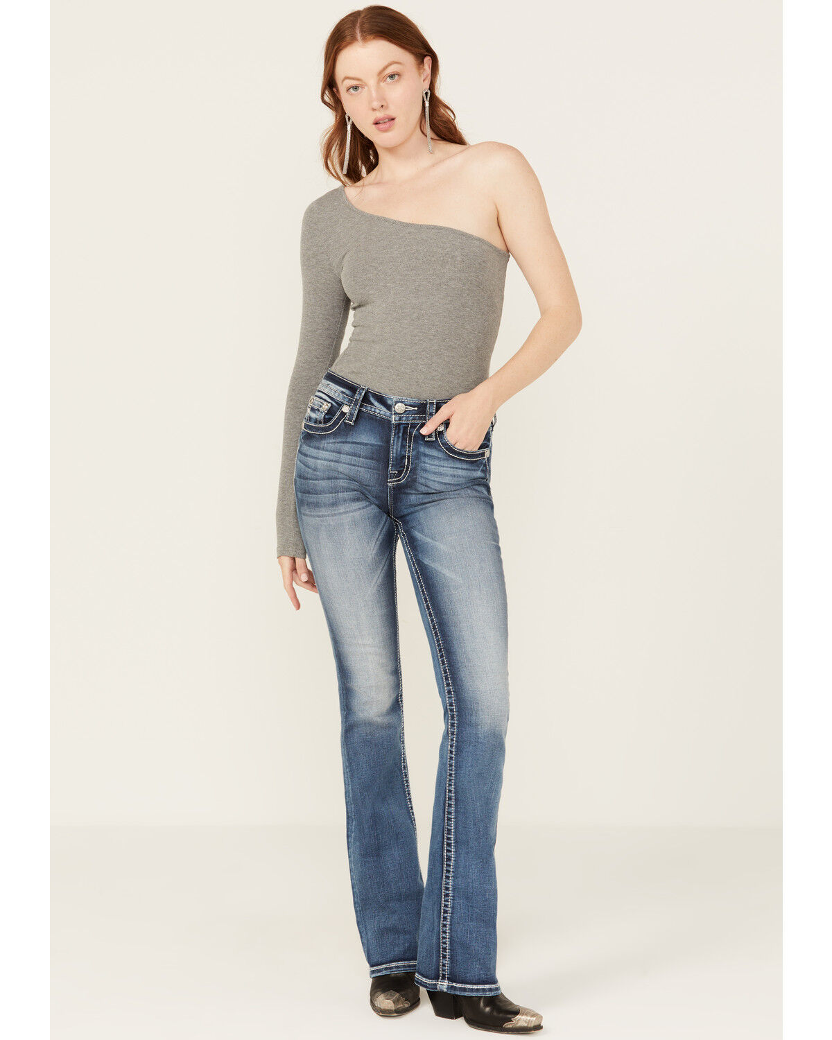 Image #3 - Miss Me Women's Medium Wash Mid Rise Wing Pocket Stretch Bootcut Jeans, Medium Wash, hi-res