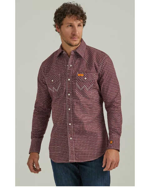 Wrangler Men's FR Plaid Print Long Sleeve Snap Work Shirt, Burgundy, hi-res
