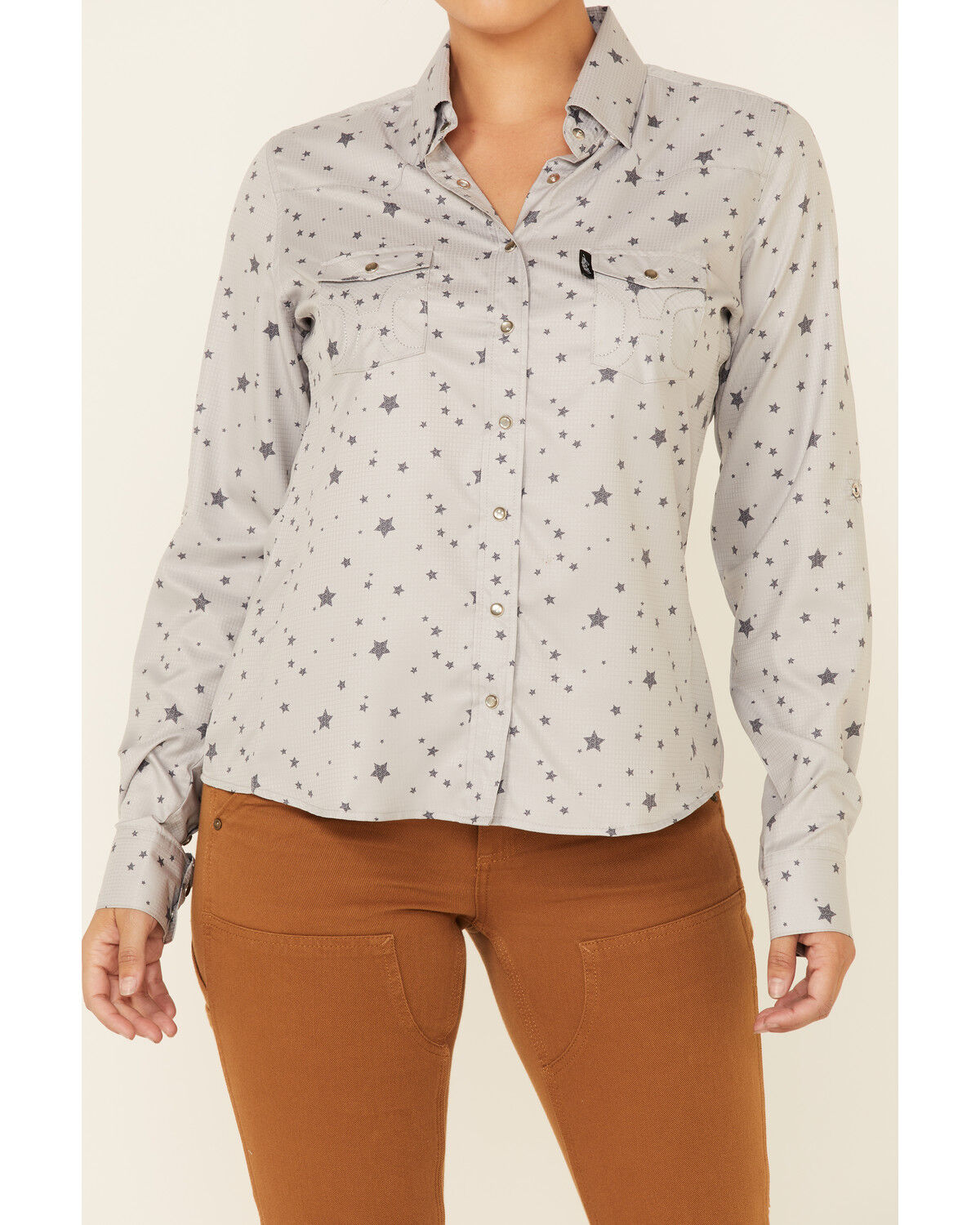 Image #3 - Hooey Women's Star Print Habitat Sol Lightweight Long Sleeve Pearl Snap Western Core Shirt, Grey, hi-res