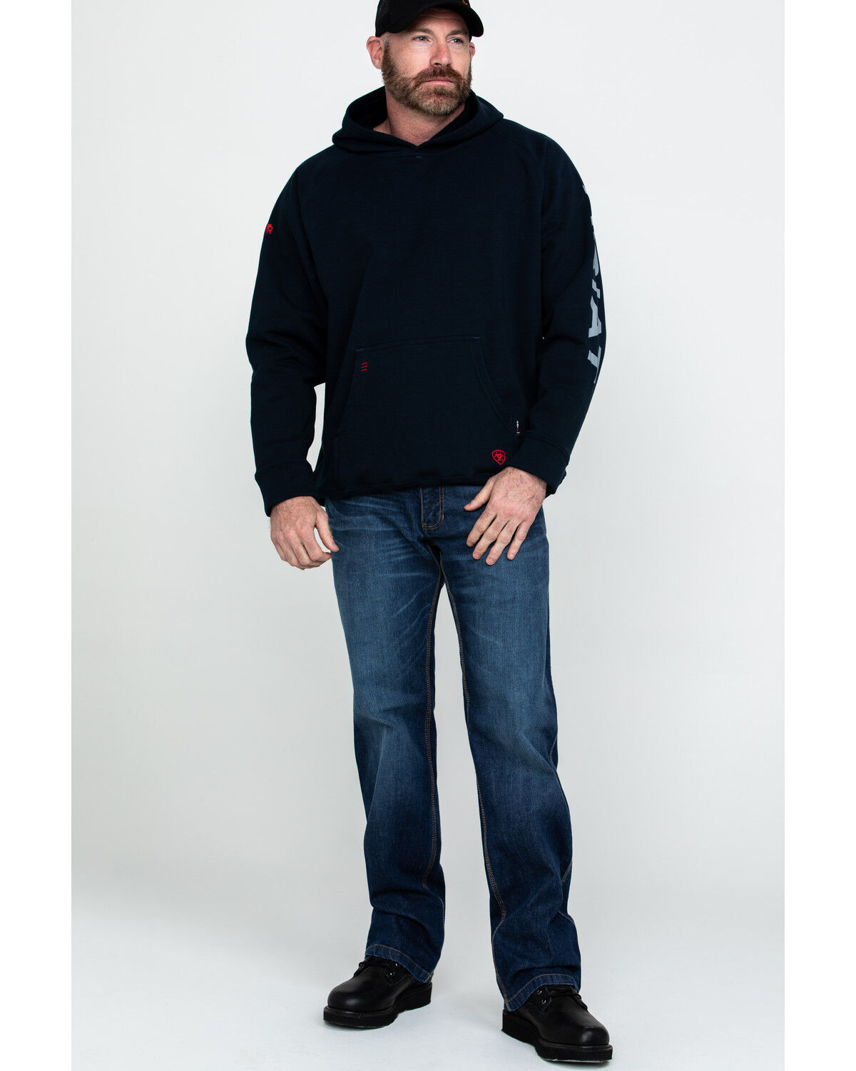 Image #6 - Ariat Men's FR Primo Fleece Logo Hooded Work Sweatshirt - Tall, Navy, hi-res
