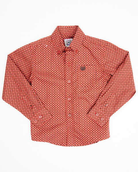 Cinch Toddler Boys' Geo Print Long Sleeve Button Down Shirt, Red, hi-res