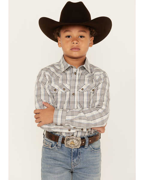Cody James Boys' Plaid Print Long Sleeve Snap Western Shirt , White, hi-res