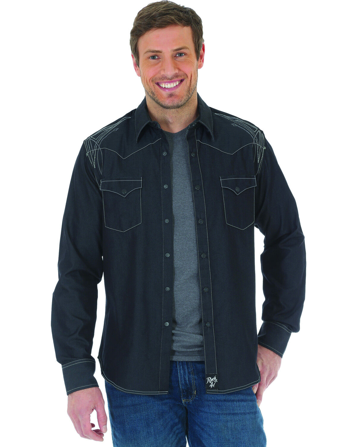 Image #1 - Rock 47 by Wrangler Men's Embroidered Long Sleeve Snap Shirt, , hi-res