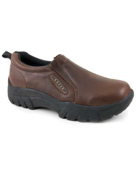 Roper Performance Smooth Leather Slip-On Shoes - Round Toe, Brown, hi-res