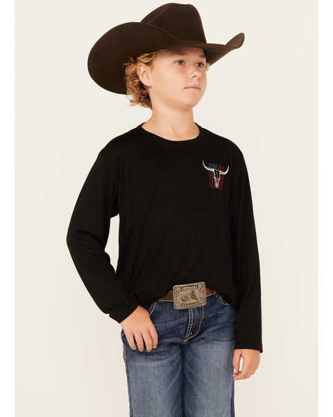 Cowboy Hardware Boys' Embroidered Flag Skull Long Sleeve Premium T-Shirt , Black, hi-res