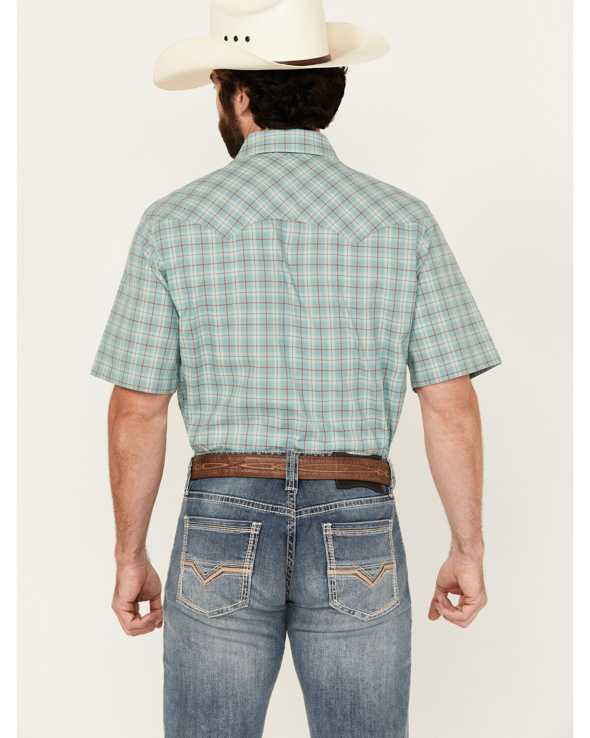 Image #4 - Wrangler Retro Men's Plaid Print Short Sleeve Snap Western Shirt, Turquoise, hi-res
