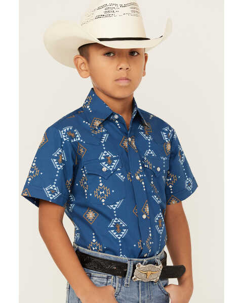 Image #2 - Ely Walker Boys' Southwestern Print Short Sleeve Pearl Snap Western Shirt , Indigo, hi-res