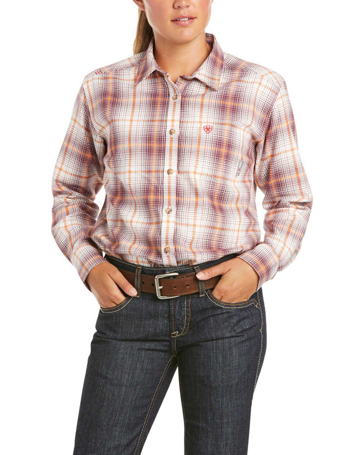 Image #1 - Ariat Women's FR Bria Plaid Print Long Sleeve Button Down Work Shirt, Burgundy, hi-res