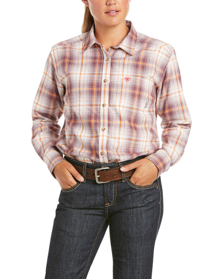 Ariat Women's FR Bria Plaid Long Sleeve Button-Down Work Shirt , Burgundy, hi-res