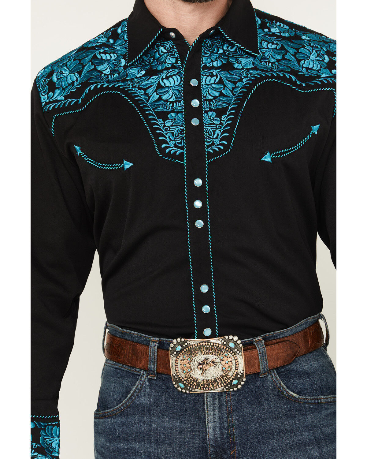 Image #4 - Scully Men's Gunfighter Embroidered Long Sleeve Snap Western Shirt, Turquoise, hi-res