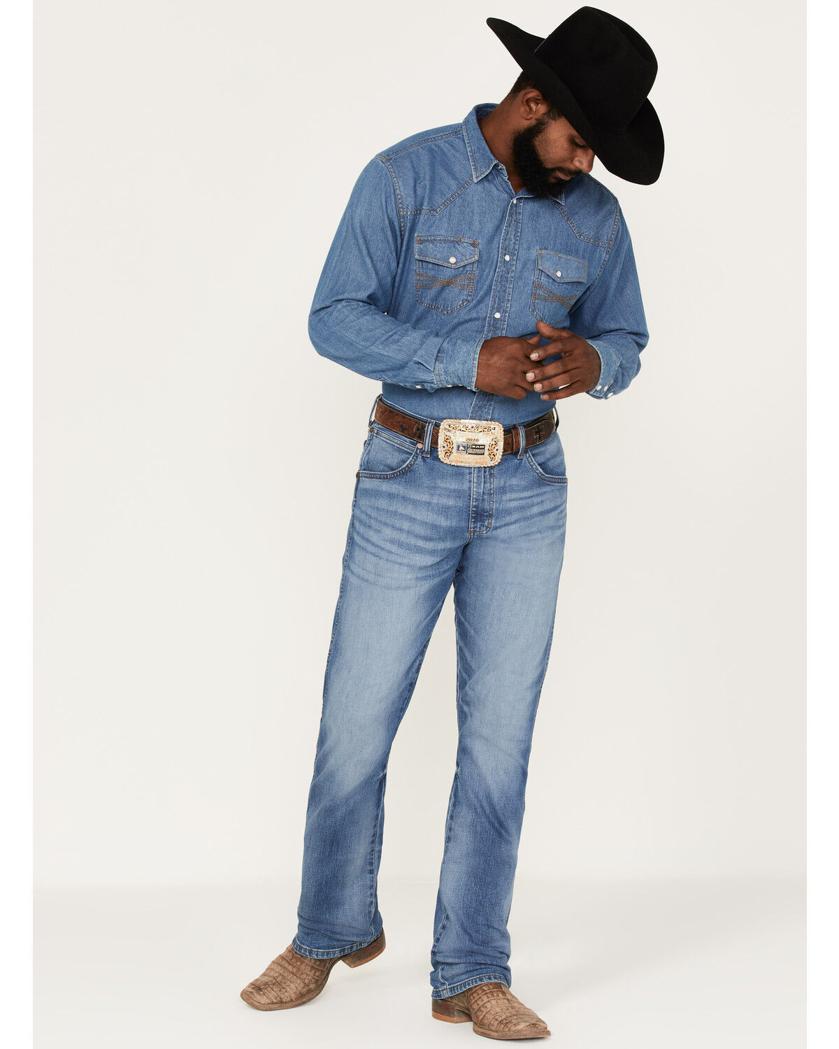 Image #1 - Wrangler Retro Men's Llano Light Medium Wash Stretch Slim Bootcut Jeans, , hi-res