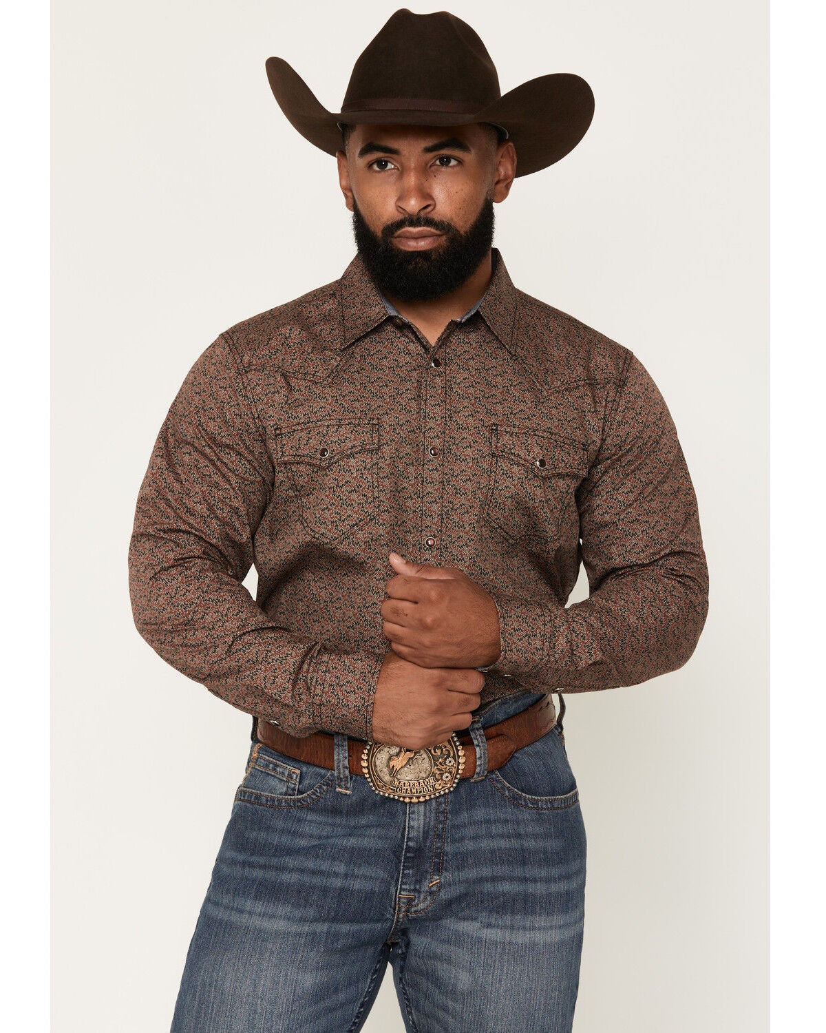 Cody James Men's Fireball Geo Print Long Sleeve Snap Western Shirt - Tall, Brown, hi-res