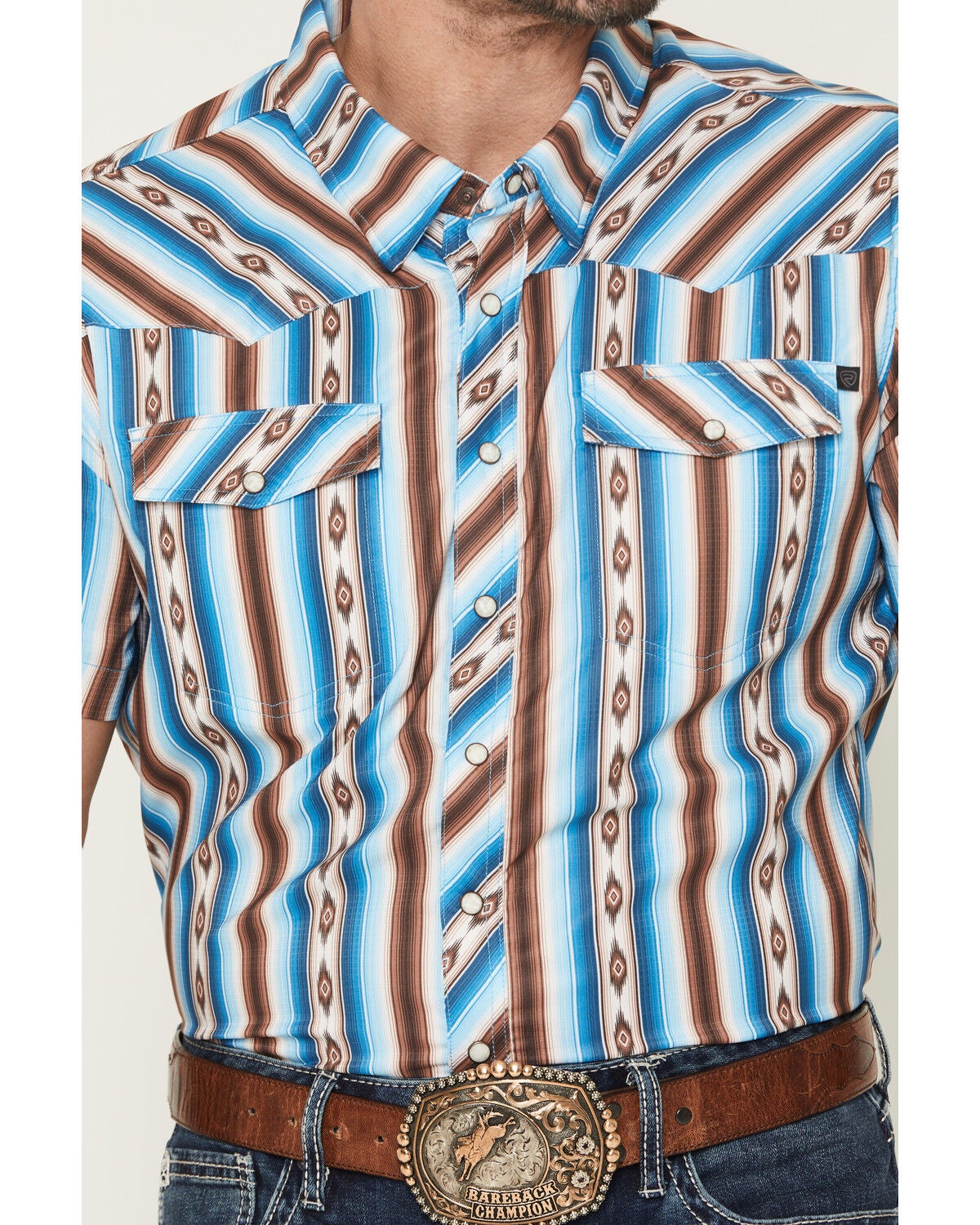 Image #3 - Rock & Roll Denim Men's Tek Southwestern Striped Short Sleeve Snap Western Shirt, Turquoise, hi-res