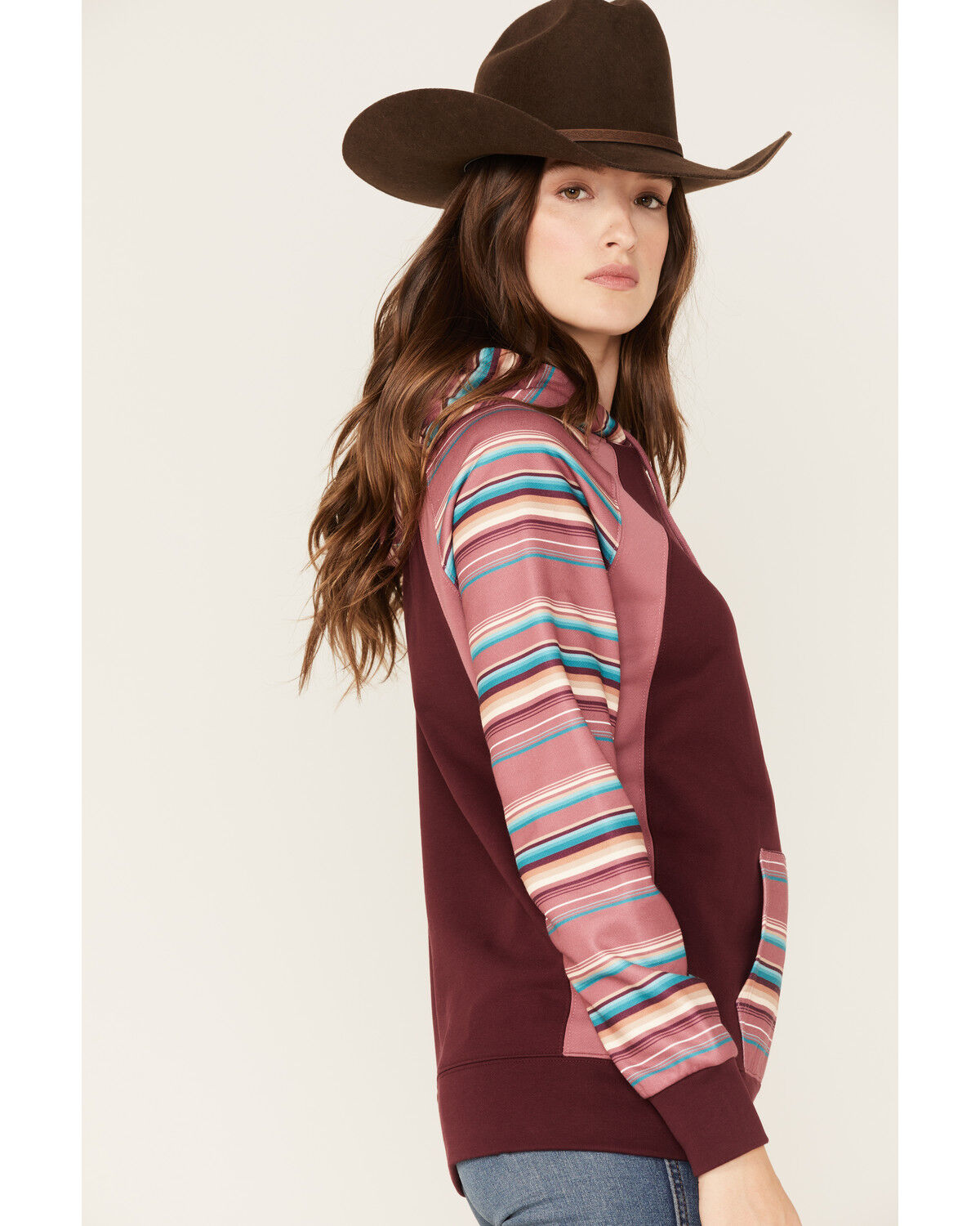 Image #2 - Hooey Women's Serape Stripe Contrast Print Savannah Hoodie, Maroon, hi-res