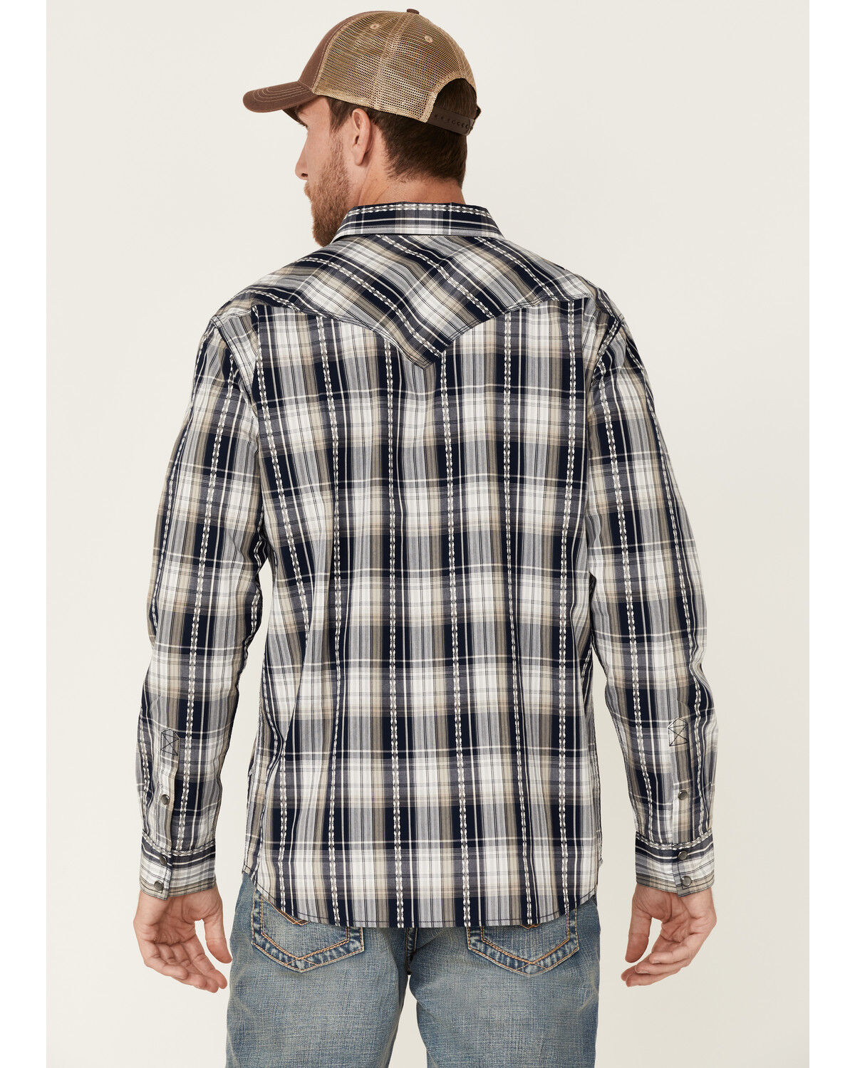 Image #4 - Moonshine Spirit Men's Talum Plaid Long Sleeve Snap Western Shirt, Navy, hi-res