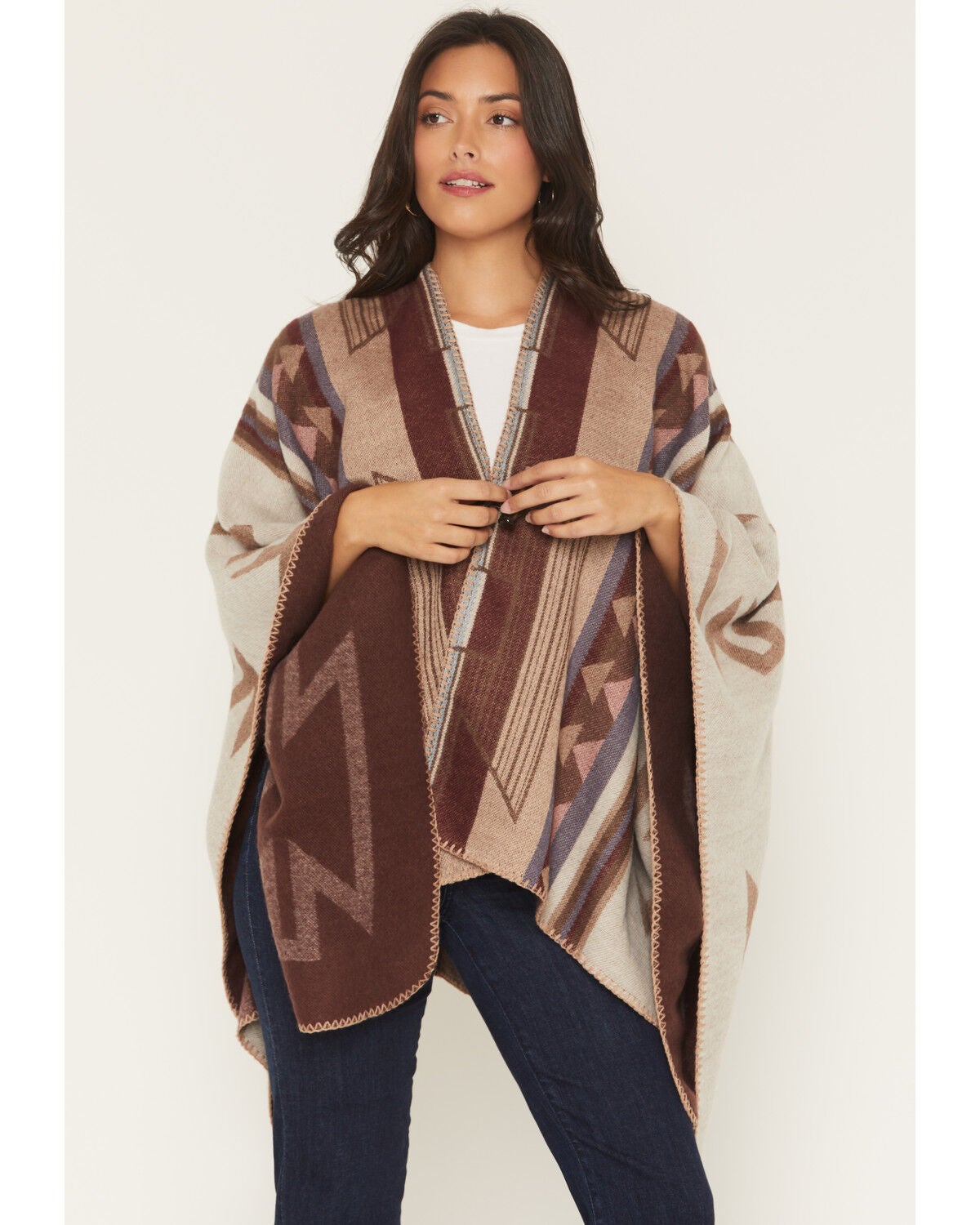 Image #1 - Shyanne Women's Tanager Southwestern Print Clasp Front Shawl, Cream, hi-res