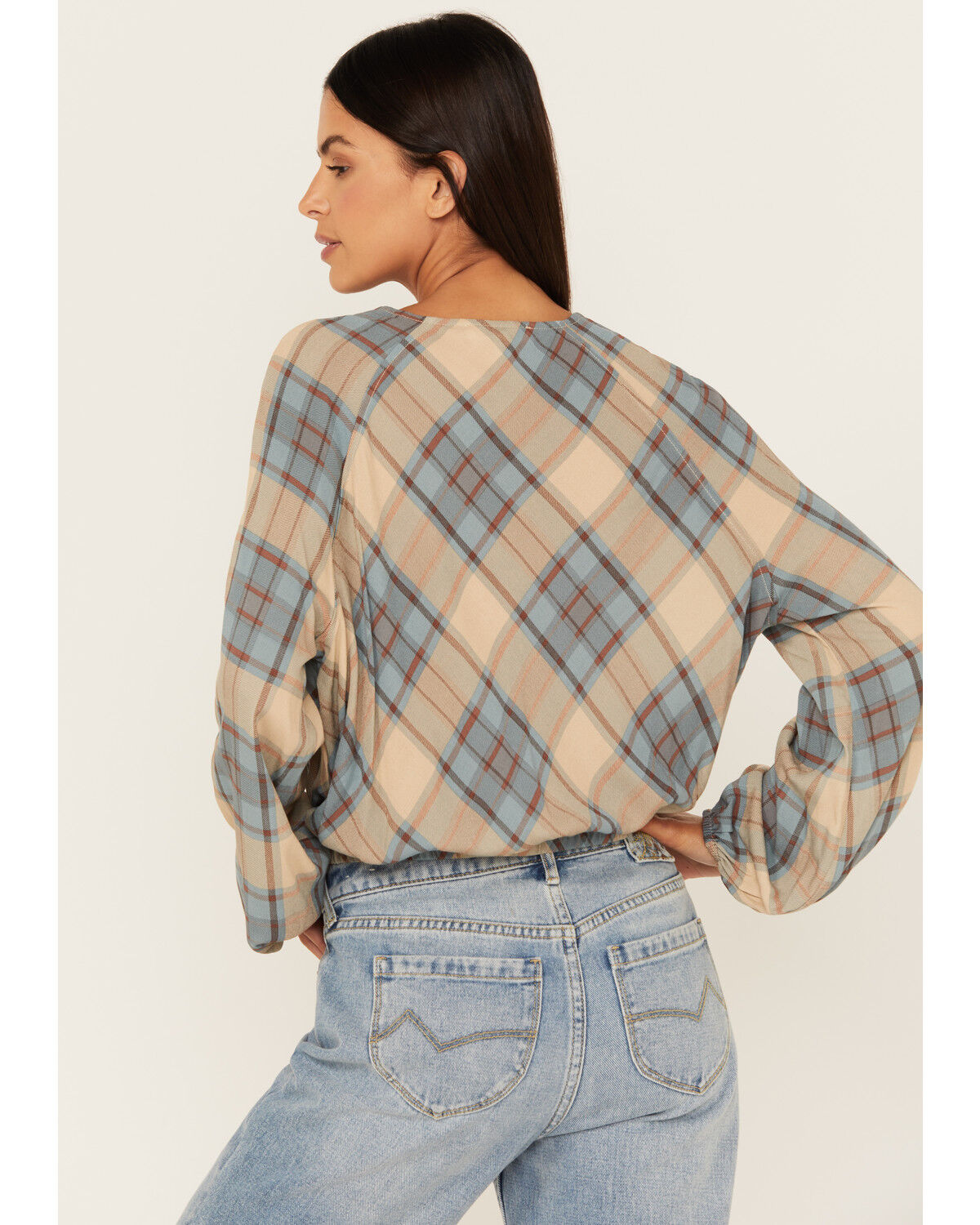 Image #4 - Cleo + Wolf Women's Plaid Print Blouson Crossover Top, Wheat, hi-res