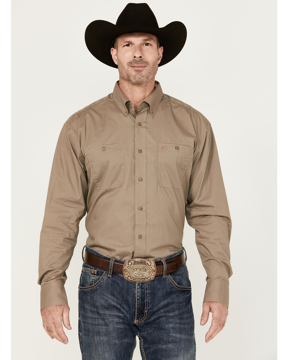 Image #1 - George Strait by Wrangler Men's Geo Print Long Sleeve Button-Down Shirt, Tan, hi-res