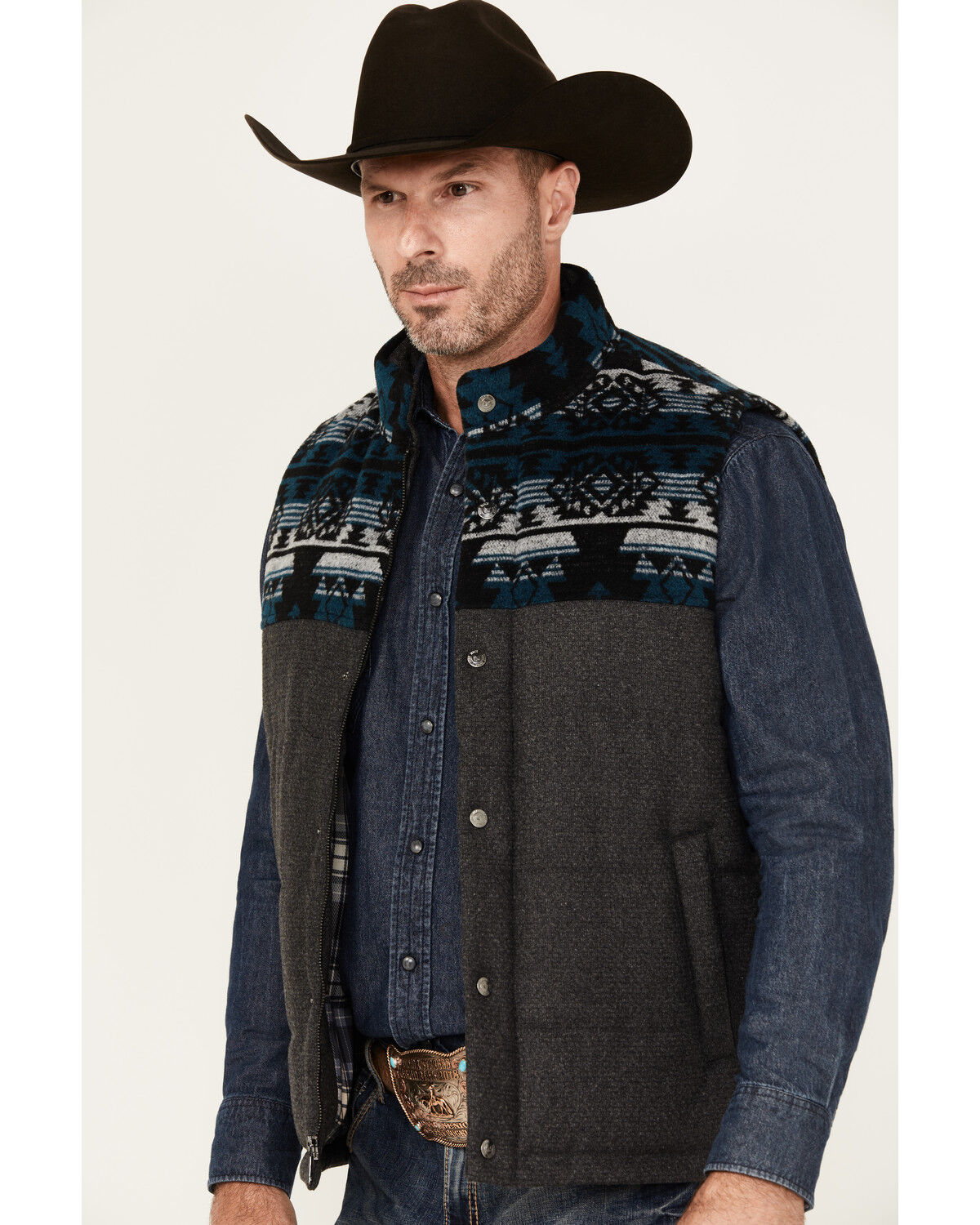 Image #2 - Cody James Men's Southwestern Print Yoke Wool Vest, Black, hi-res