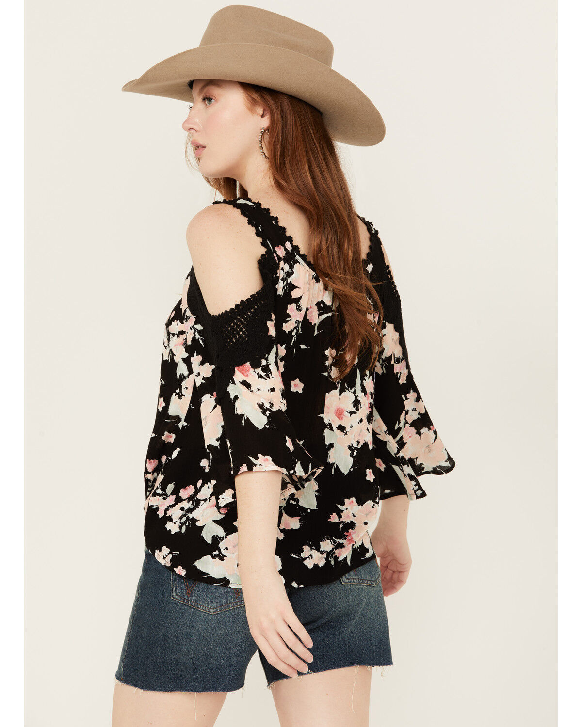Image #4 - Wild Moss Women's Floral Print Cold Shoulder Top, Black, hi-res