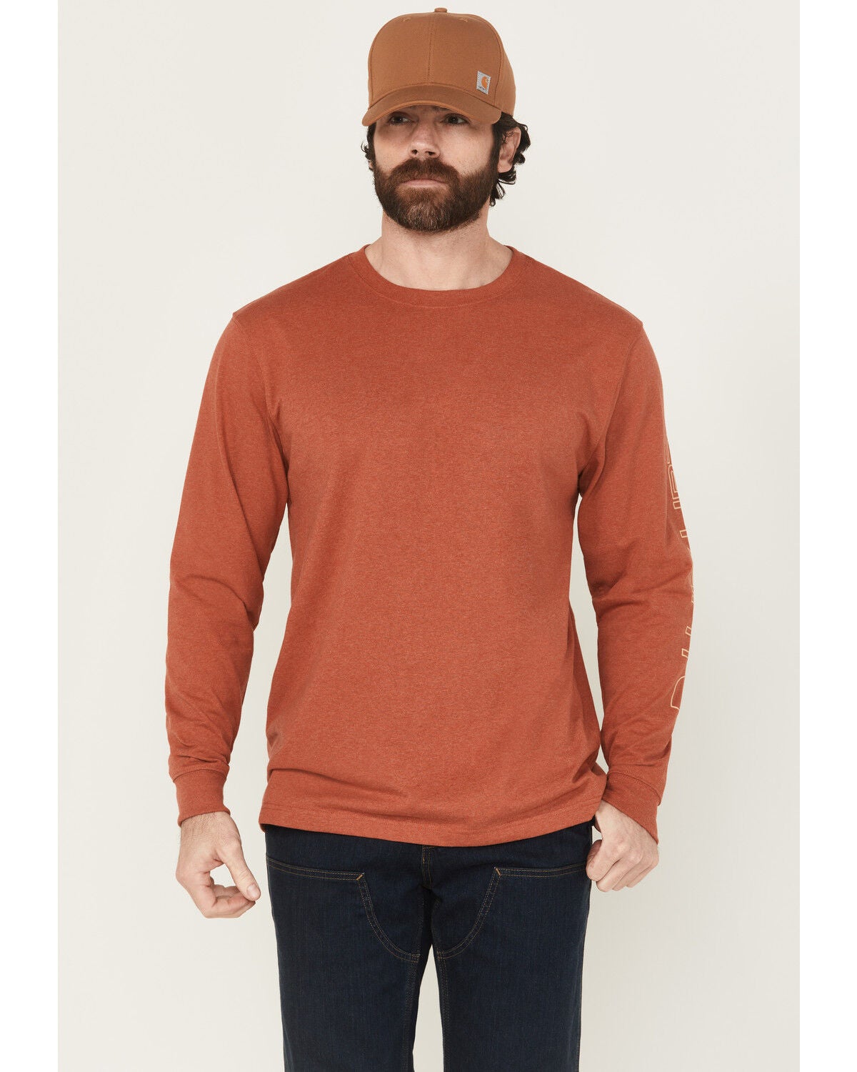 Image #1 - Carhartt Men's Logo Loose Fit Heavyweight Long Sleeve Graphic T-Shirt, Red, hi-res
