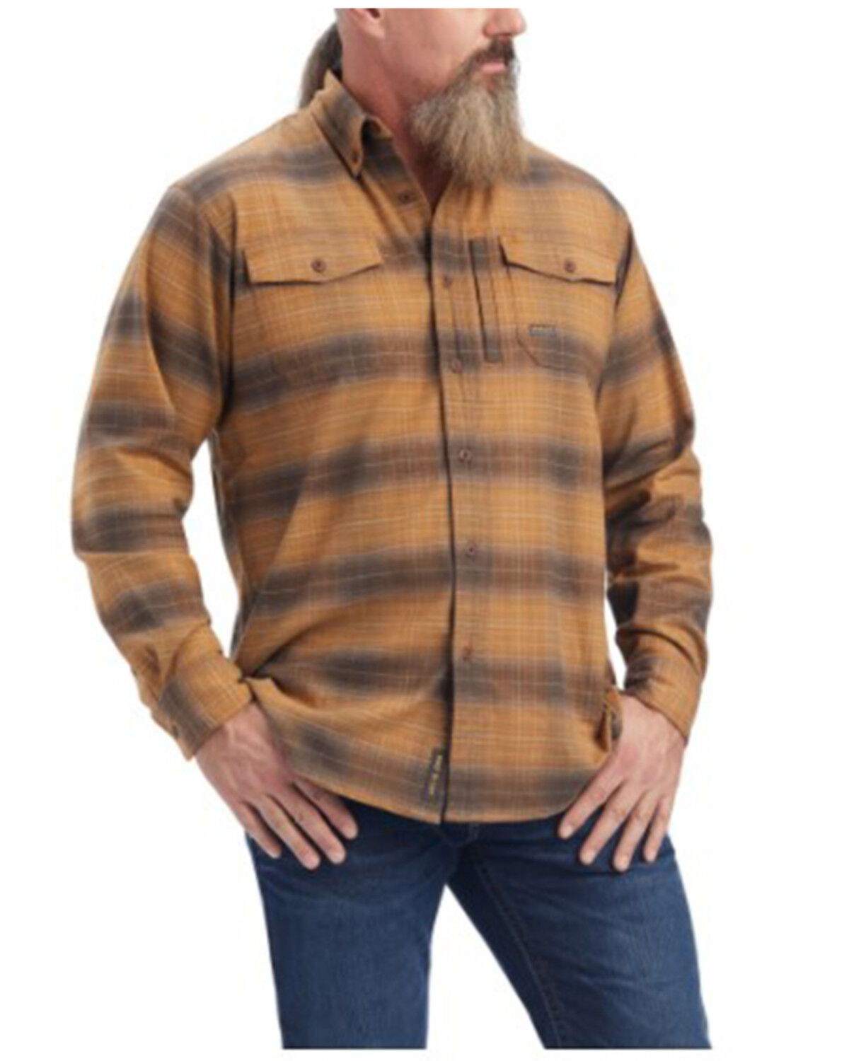 Image #1 - Ariat Men's Rebar Plaid DuraStretch Long Sleeve Button Down Flannel Work Shirt, Tan, hi-res