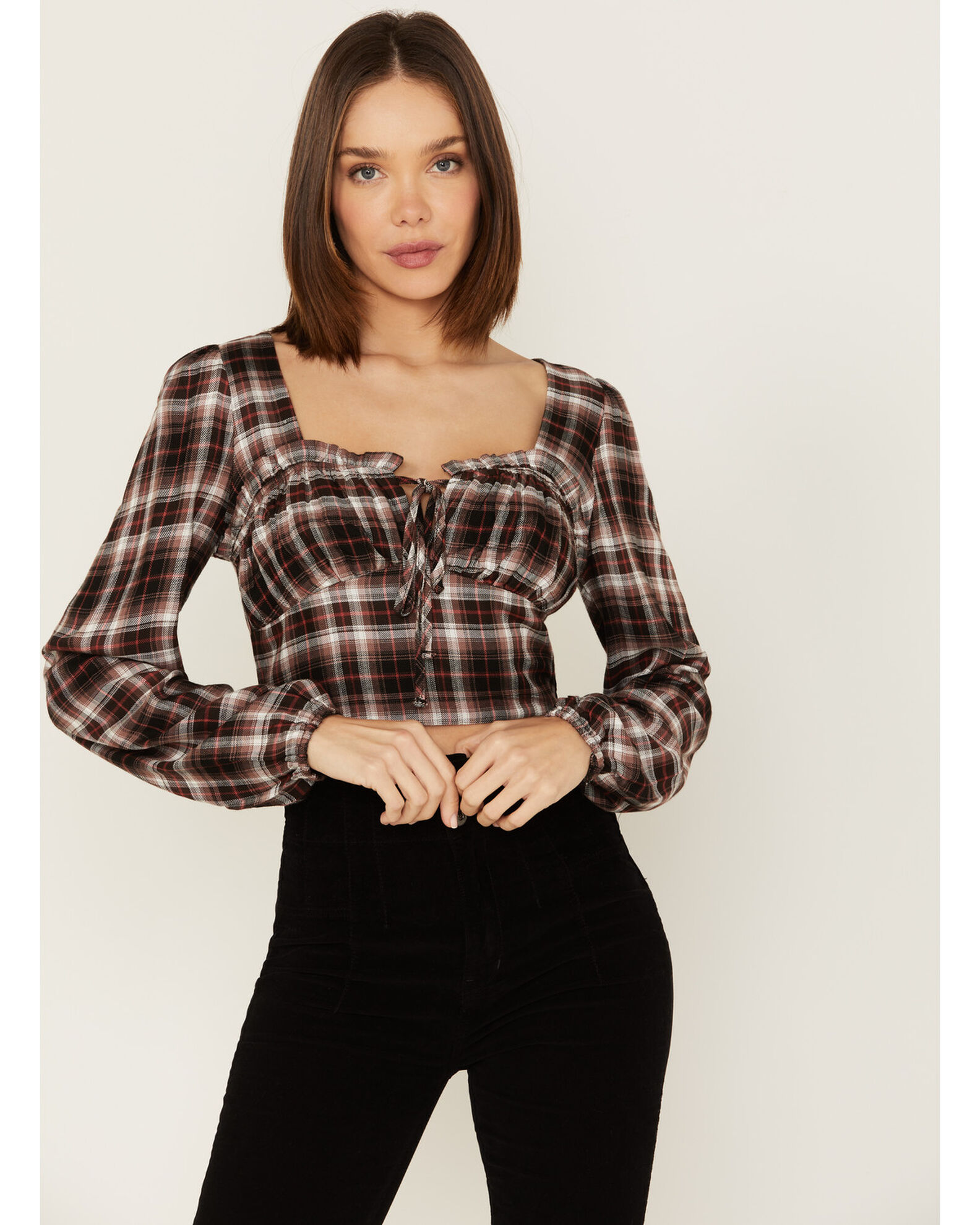 Image #2 - Wild Moss Women's Plaid Print Ruffle Tie Front Crop Top, Rust Copper, hi-res