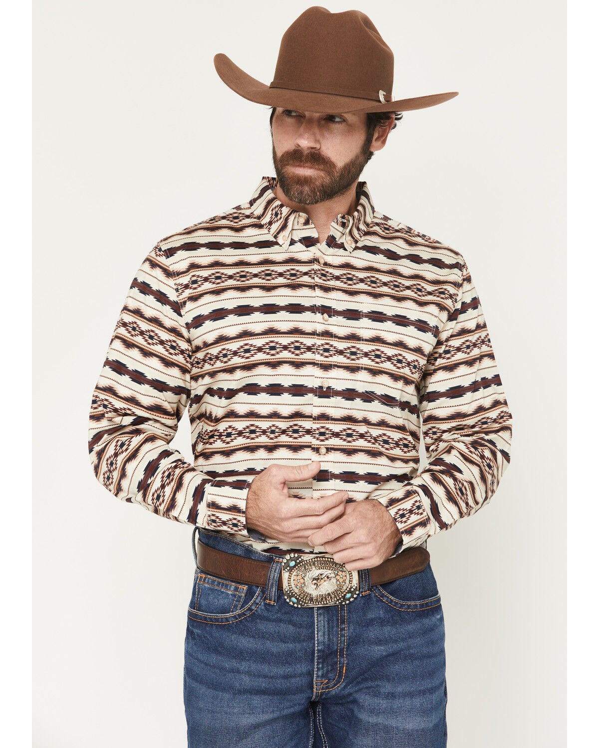 Cody James Men's Maverick Southwestern Print Long Sleeve Button-Down Stretch Western Shirt, Cream, hi-res