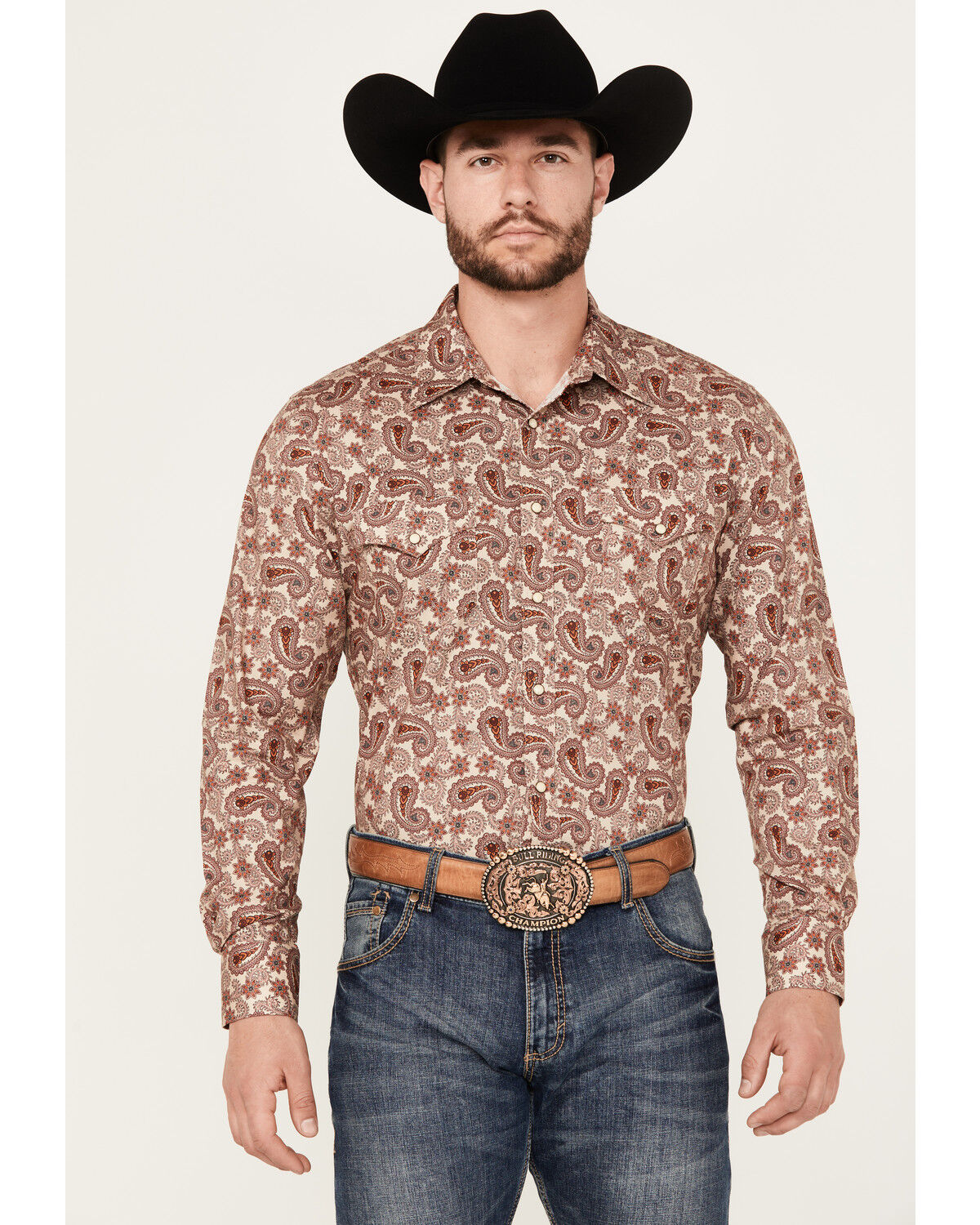 Image #1 - Rock & Roll Denim Men's Paisley Print Stretch Long Sleeve Snap Western Shirt, Red, hi-res
