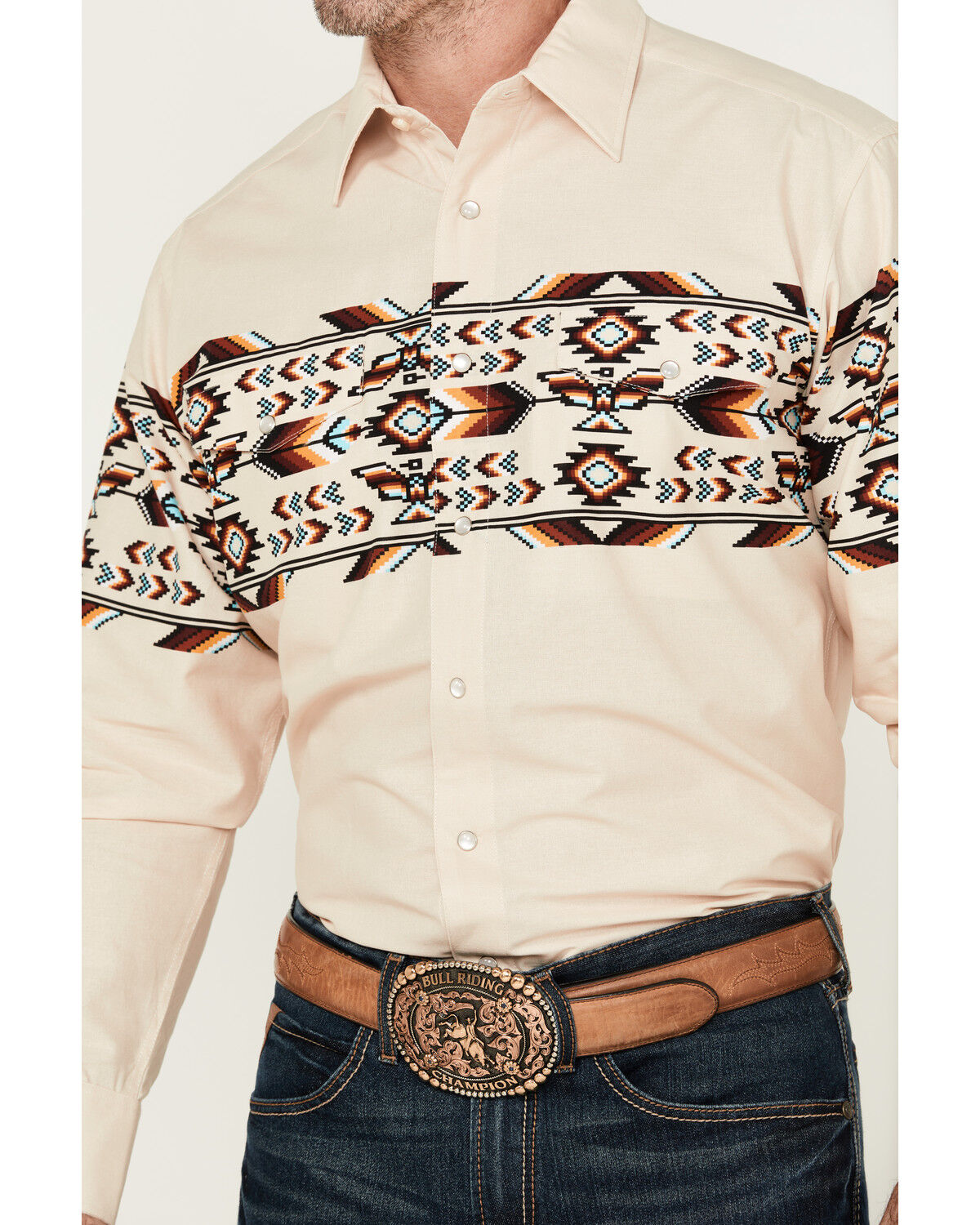 Image #3 - Panhandle Men's Southwestern Print Border Long Sleeve Pearl Snap Western Shirt, Natural, hi-res